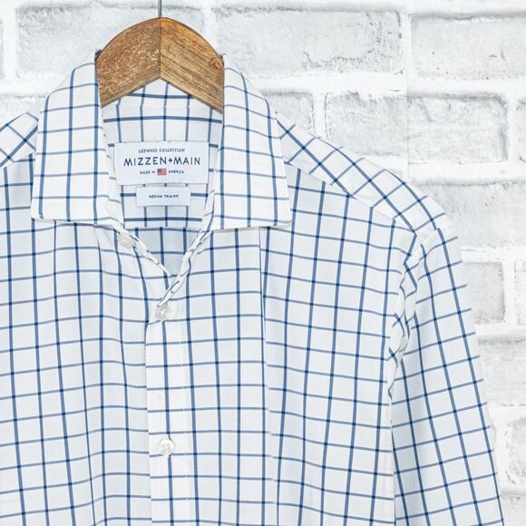 MIZZEN + MAIN Men's Trim fit button up Shirt white windowpane check sz Medium - Picture 5 of 5